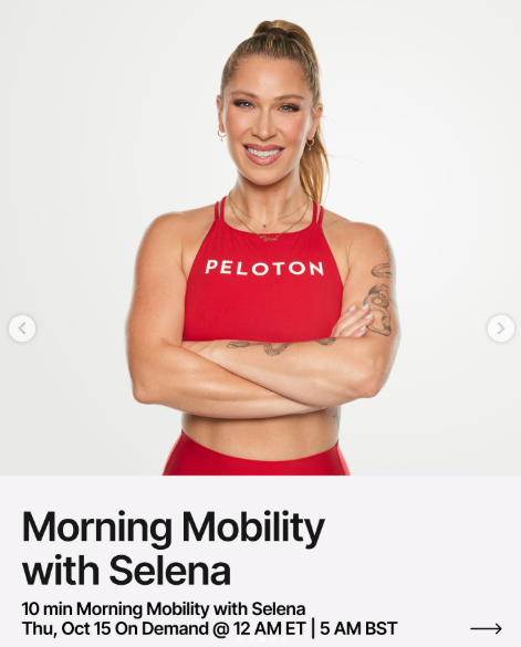 A 10 minute Morning Mobility with Selena drops on demand this week. Image credit Peloton social media.