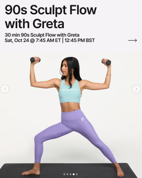 Greta has a live 30 minute 90s Sculpt Flow this week. Image credit Peloton social media.