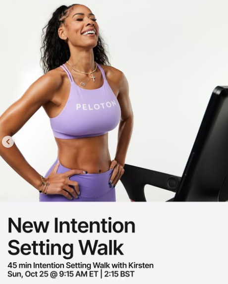 Kirsten has a live 45 minute Intention Setting Walk this week. Image credit Peloton social media.