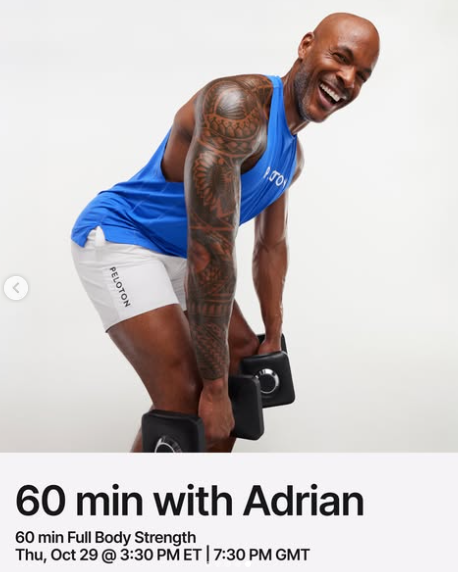 Adrian has a live 60 minute Full Body Strength this week. Image credit Peloton social media.