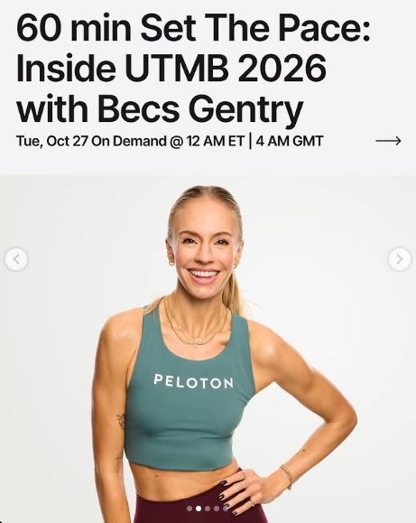 A 60 minute Set the Pace: UTMB Recap with Becs will drop on demand this week. Image credit Peloton social media.