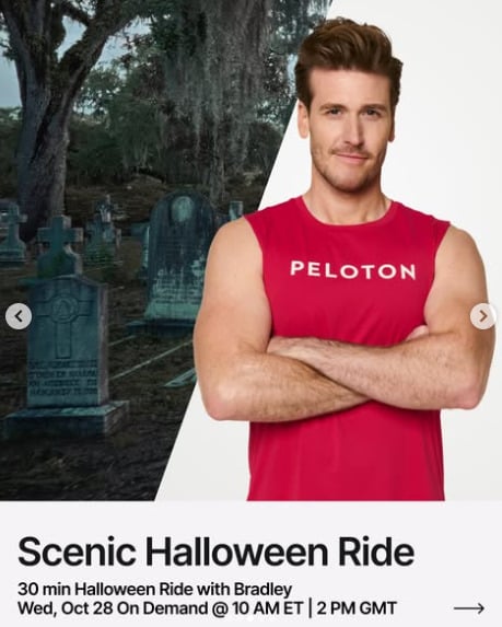 Bradley has a 30 minute Scenic Halloween Ride this week. Image credit Peloton social media.