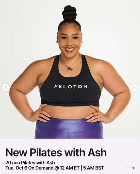 A 20 minute Pilates with Ash drops on demand this week. Image credit Peloton social media.