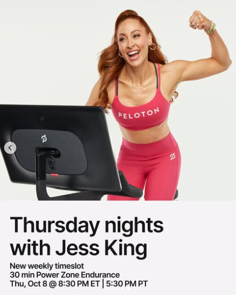 Jess King has a new regular timeslot on Thursday nights. This week she has a 30 minute Power Zone Endurance Ride. Image credit Peloton social media.