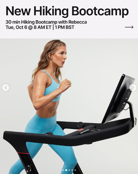 Rebecca has a live 30 minute Hiking Bootcamp this week. Image credit Peloton social media.