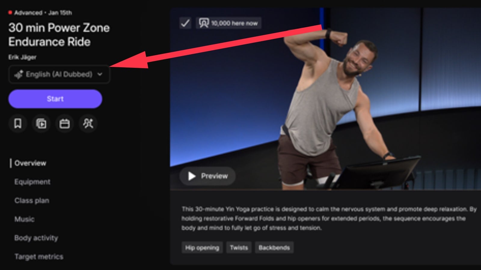 Peloton's support screenshot shows the English AI dubbing option before starting a class. Image credit Peloton.