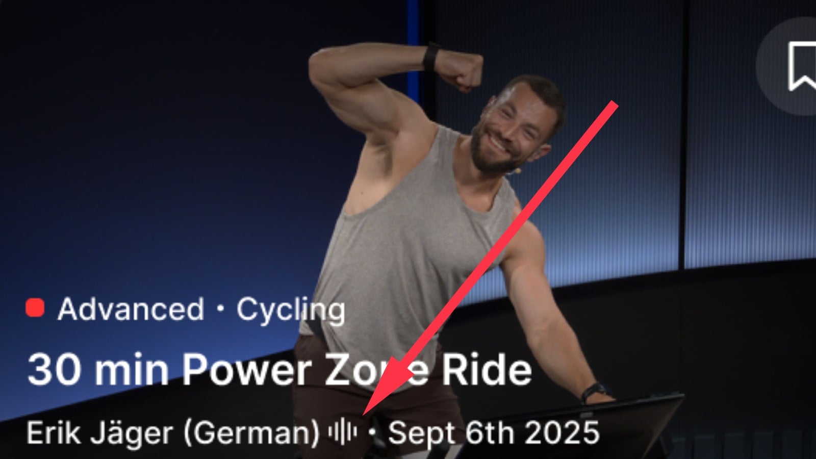 The dubbing icon identifies a class with another audio language available. Image credit Peloton.