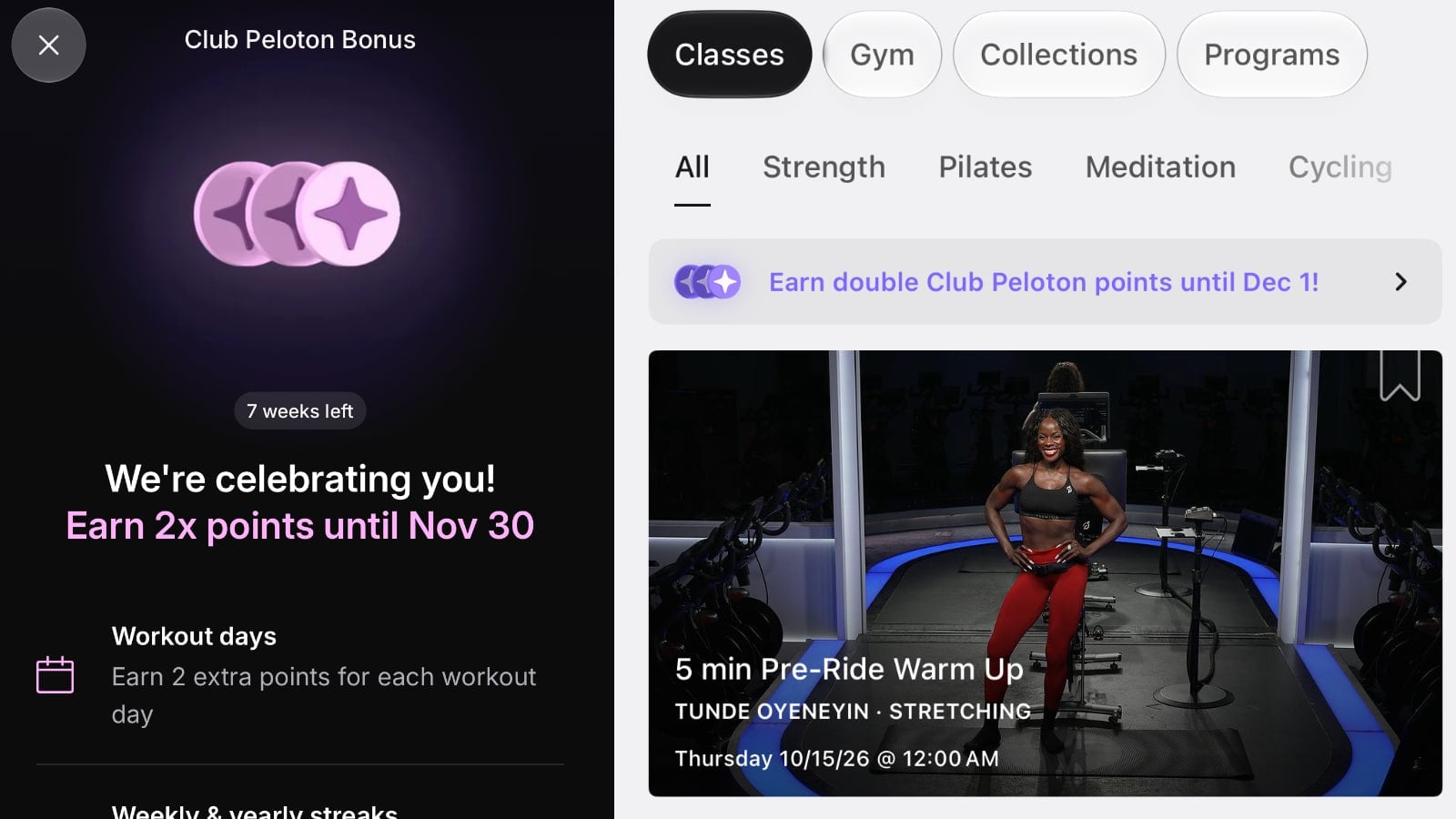 Notifications about double club Peloton points.