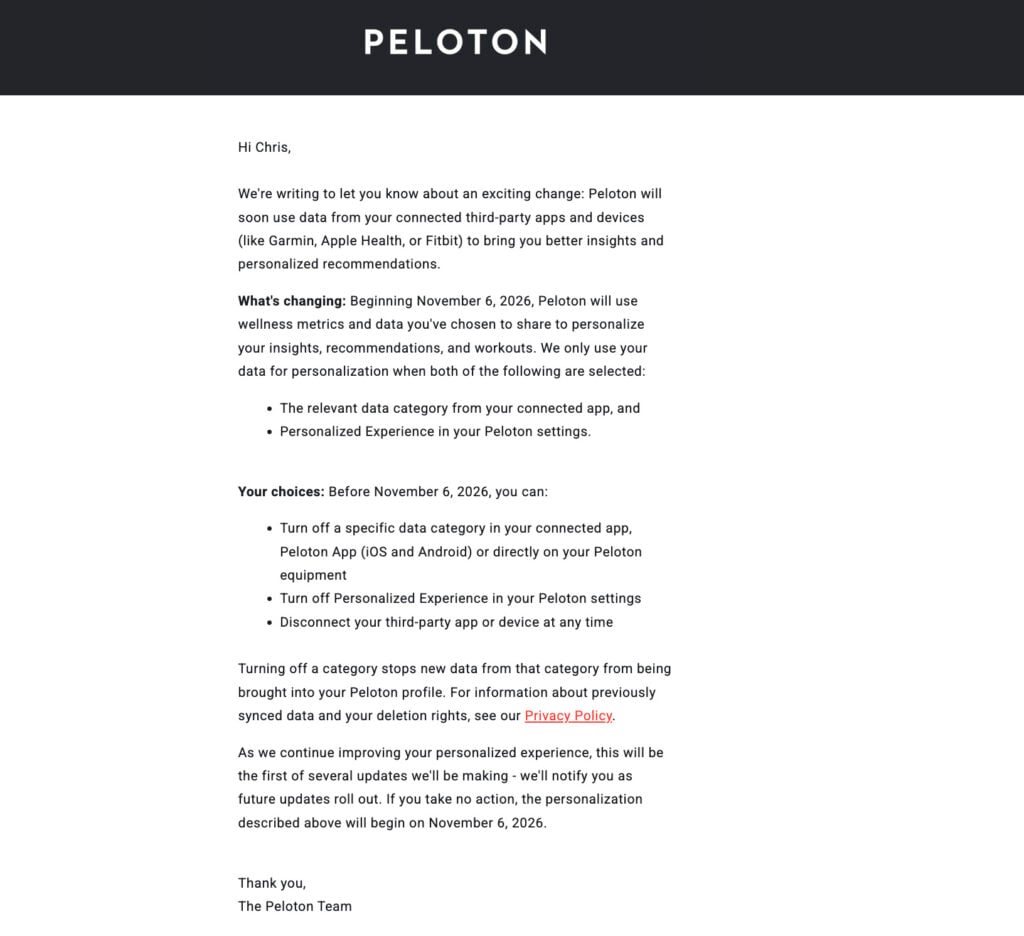 Full email from Peloton