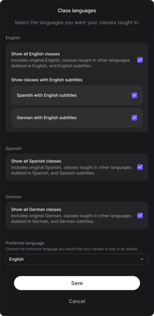 The new Preferred Language option at the bottom of Class Languages settings