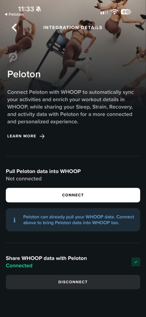 WHOOP app authorizing access to Peloton workouts